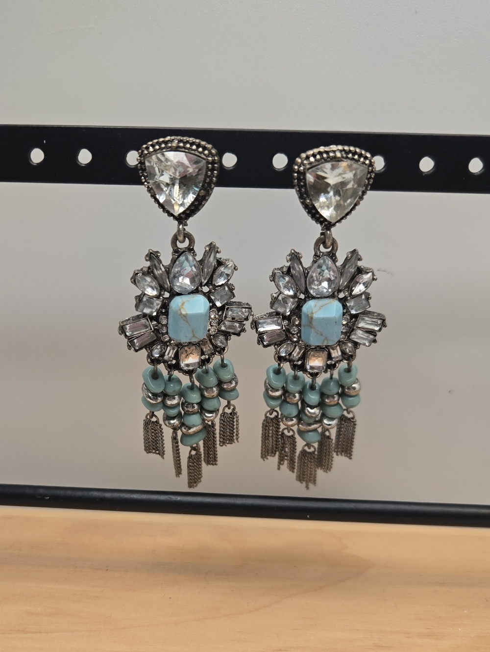 Statement Turquoise and Silver Crystal Drop Earrings Vintage Costume Jewelry